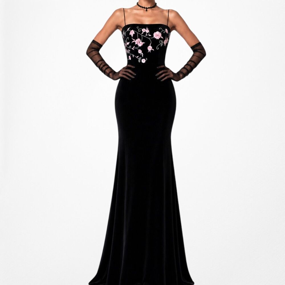 Vintage Y2K Black Pink Floral Beaded Embroidered Velvet Bodycon Maxi Prom Dress